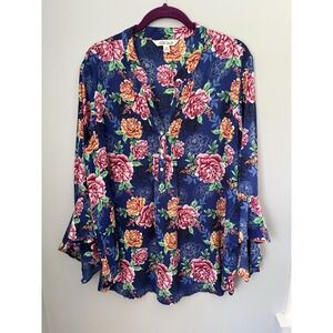 Pioneer Woman Pleated Ruffle Sleeve Blouse 2XL Floral Button-Up New with Tags